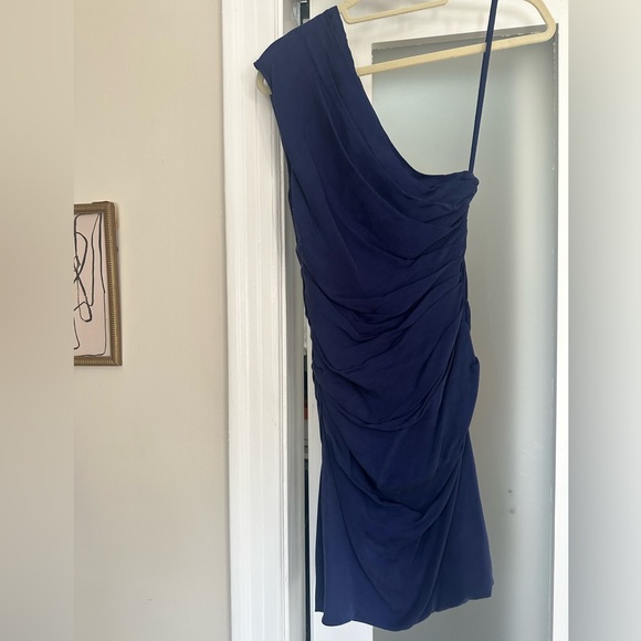 ALLSAINTS Navy Blue Ruched One Shoulder Dress Sz.4 reminiscent of Norma Kamali - Picture 3 of 8